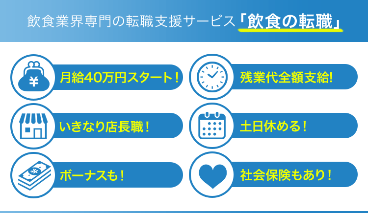 飲食業界専門の転職支援サービス「飲食の転職」 月給40万円スタート！ 残業代全額支給! いきなり店長職！ 土日休める！ ボーナスも！ 社会保険もあり！